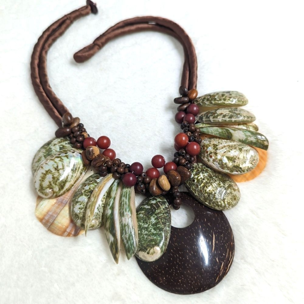 Vintage Artisan Made Natural Shells and Seeds Necklaces on a Satin Cord - Picture 2 of 14